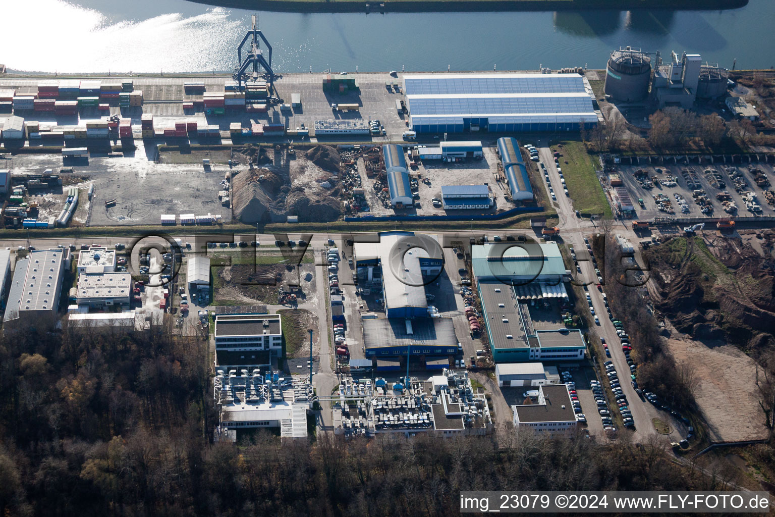 Bird's eye view of District Rheinhafen in Karlsruhe in the state Baden-Wuerttemberg, Germany