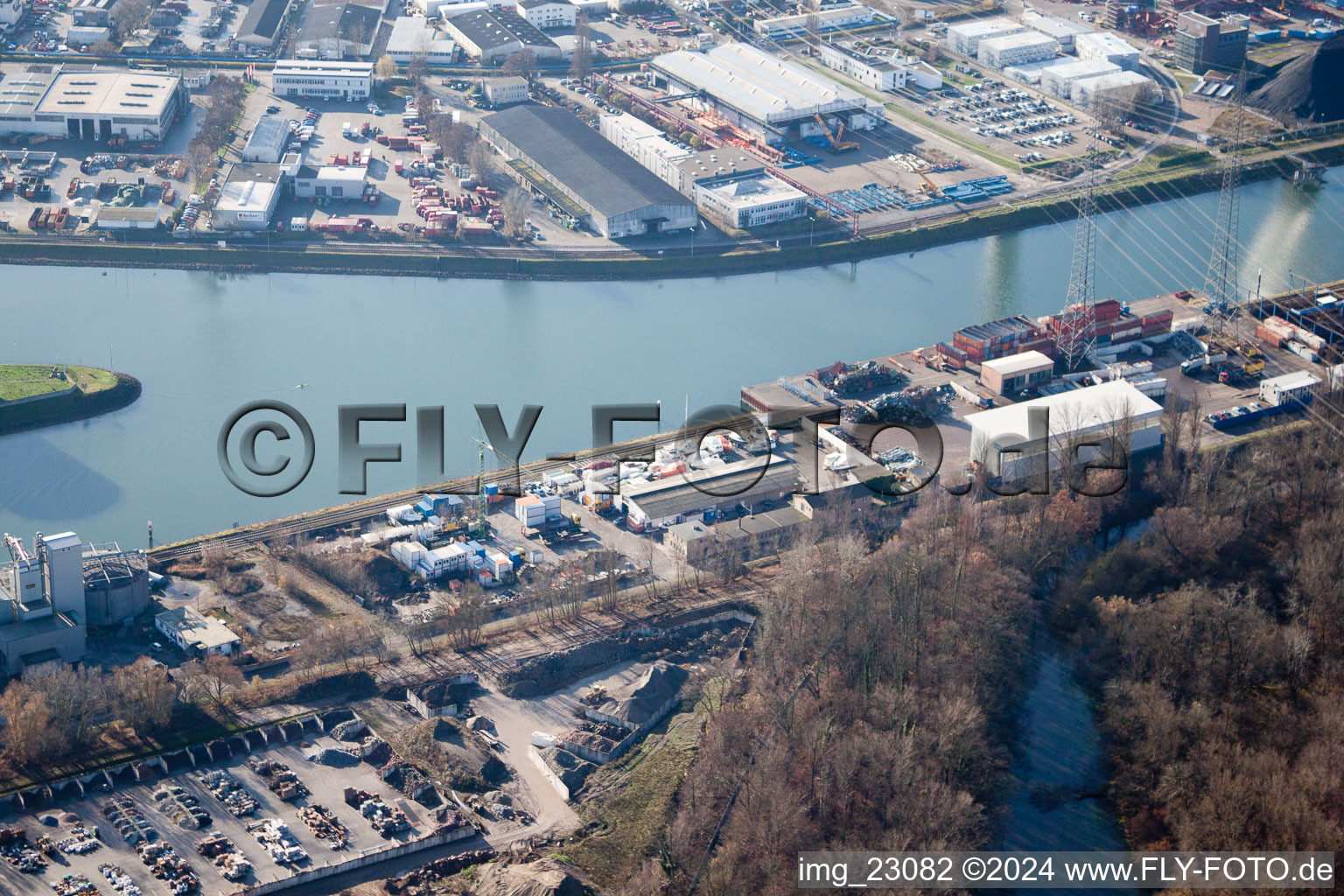 Drone recording of District Rheinhafen in Karlsruhe in the state Baden-Wuerttemberg, Germany