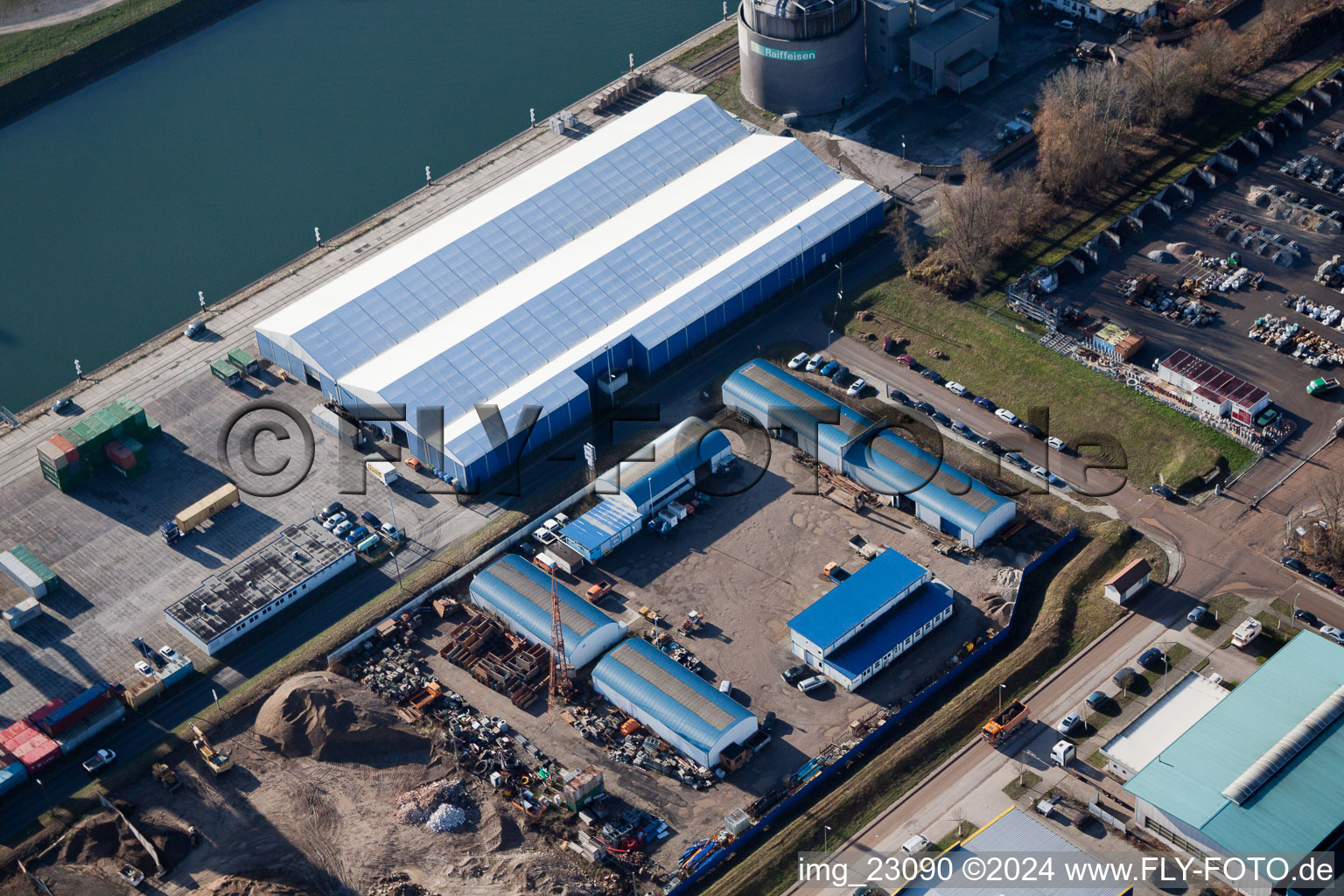 Aerial view of District Rheinhafen in Karlsruhe in the state Baden-Wuerttemberg, Germany