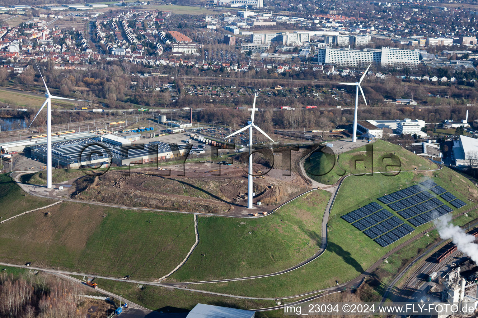 Aerial view of WKA on the garbage mountain in the district Rheinhafen in Karlsruhe in the state Baden-Wuerttemberg, Germany