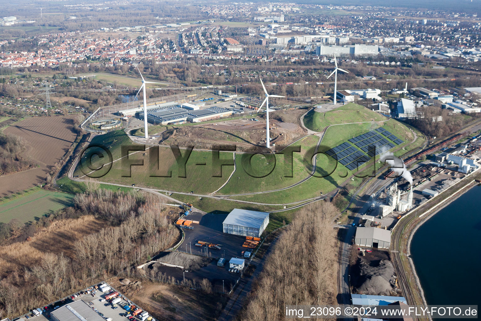 Aerial photograpy of WKA on the garbage mountain in the district Rheinhafen in Karlsruhe in the state Baden-Wuerttemberg, Germany