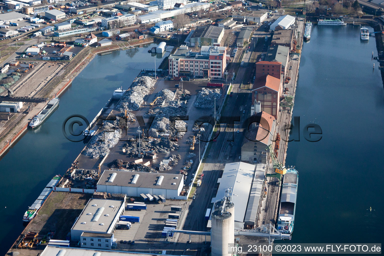 District Rheinhafen in Karlsruhe in the state Baden-Wuerttemberg, Germany seen from above