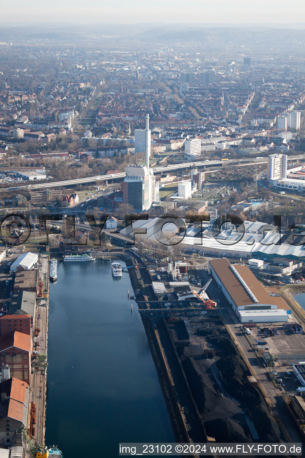 Bird's eye view of District Rheinhafen in Karlsruhe in the state Baden-Wuerttemberg, Germany