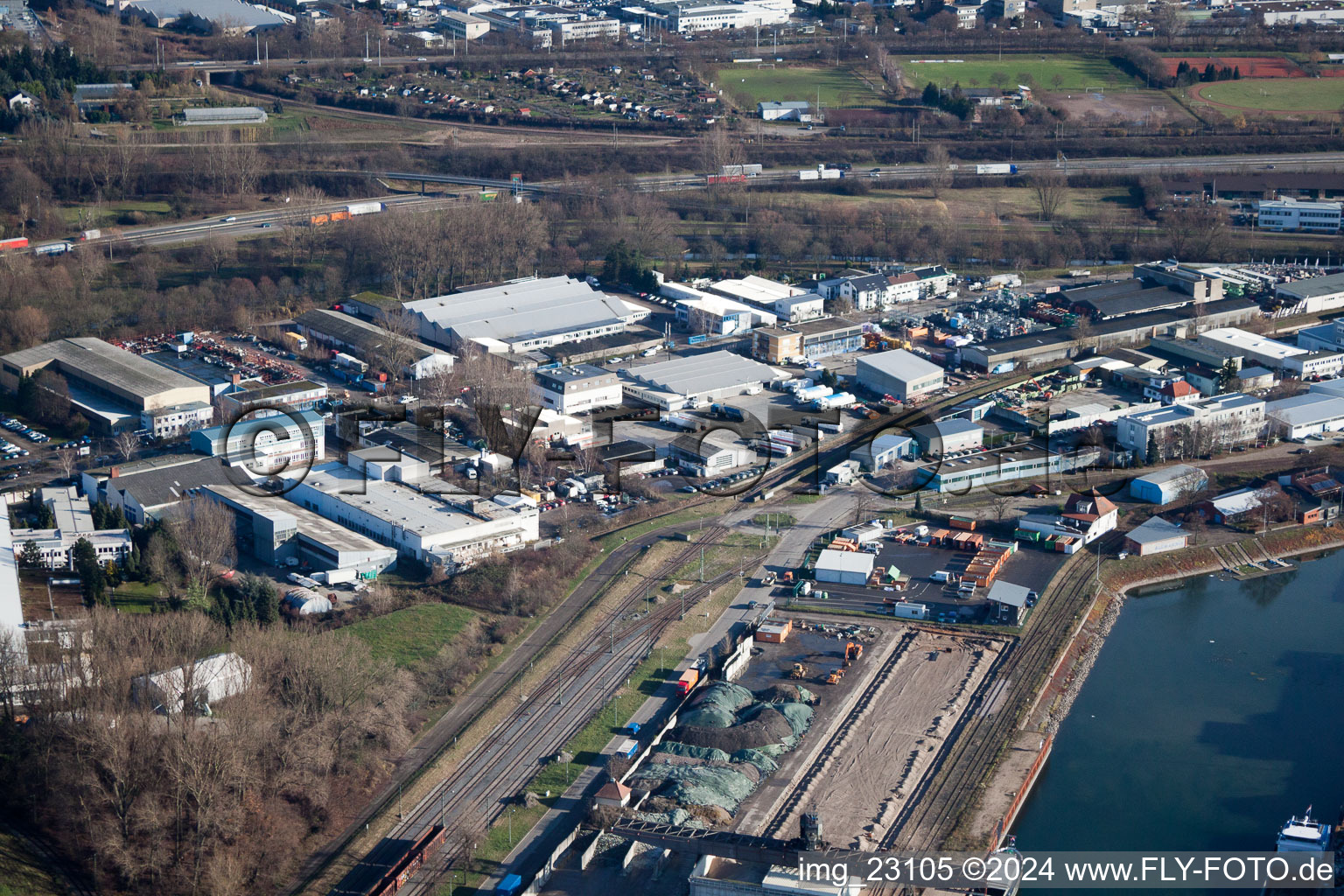 Drone recording of District Rheinhafen in Karlsruhe in the state Baden-Wuerttemberg, Germany