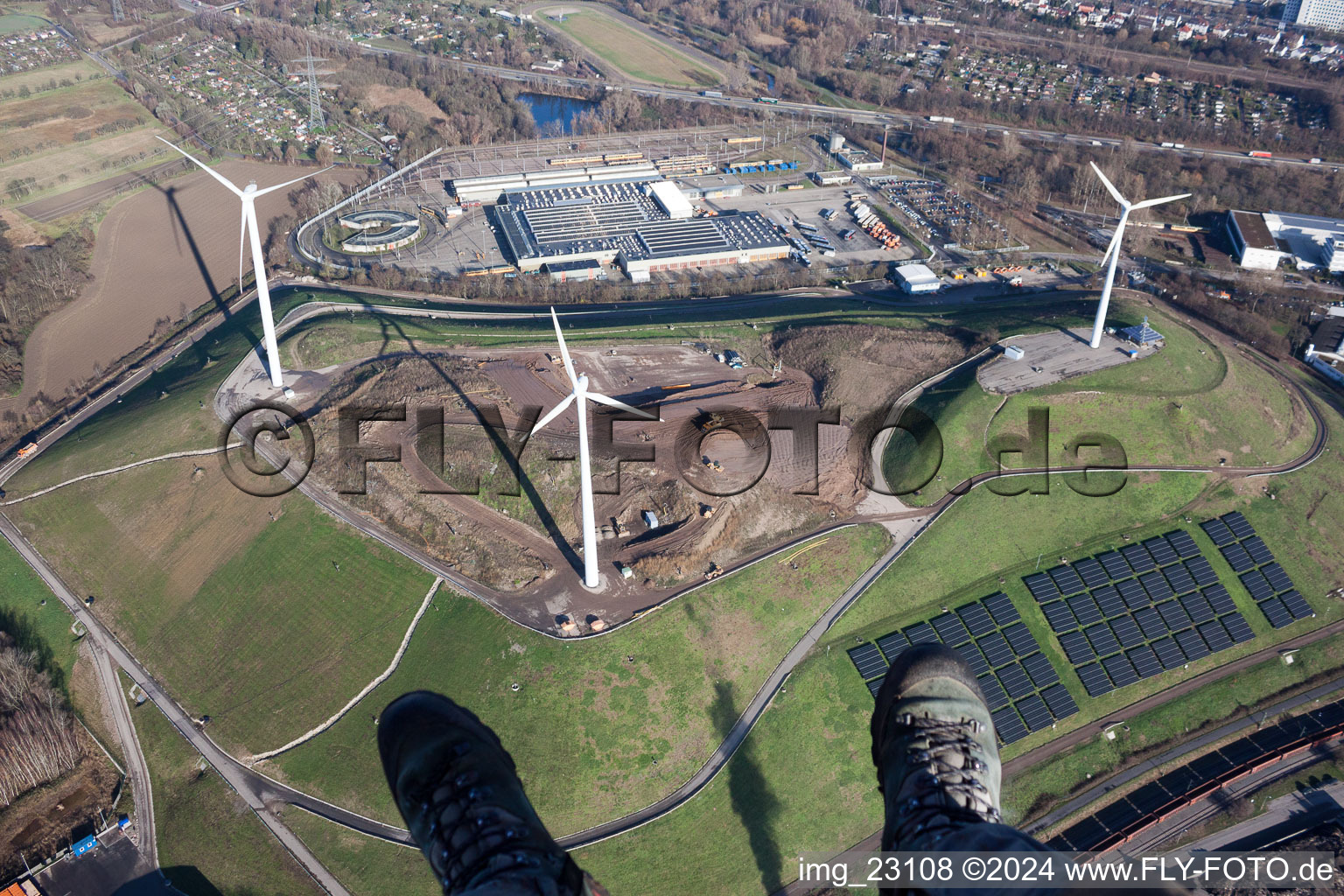 Oblique view of WKA on the garbage mountain in the district Rheinhafen in Karlsruhe in the state Baden-Wuerttemberg, Germany