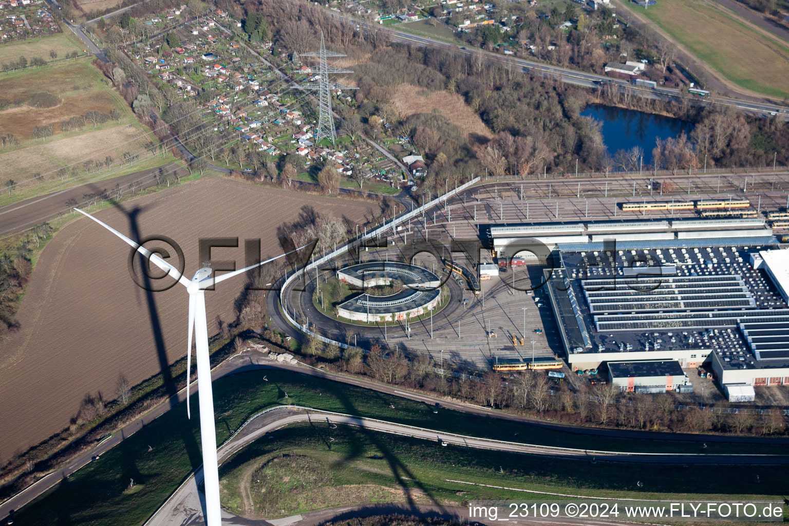 WKA on the garbage mountain in the district Rheinhafen in Karlsruhe in the state Baden-Wuerttemberg, Germany from above