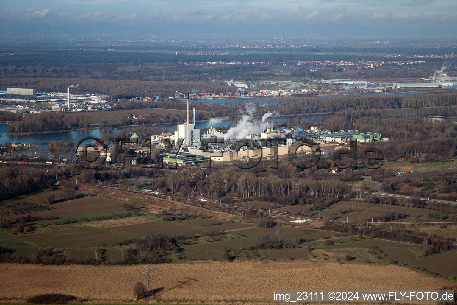 Maxau, Stora Enso from the east in the district Knielingen in Karlsruhe in the state Baden-Wuerttemberg, Germany