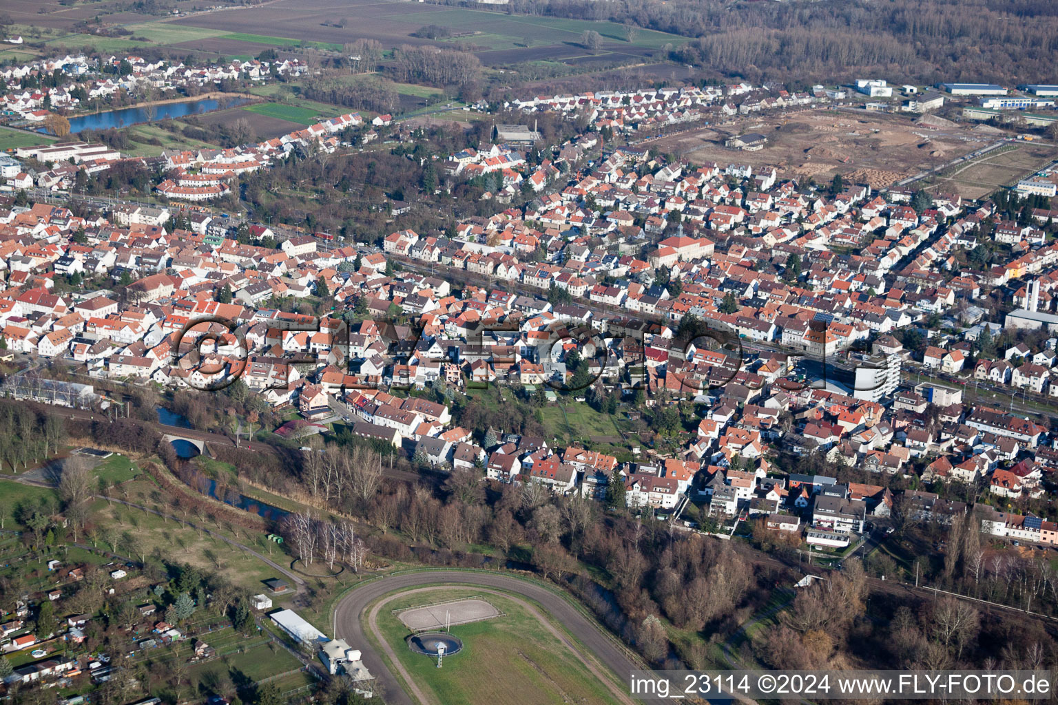 District Knielingen in Karlsruhe in the state Baden-Wuerttemberg, Germany from the plane