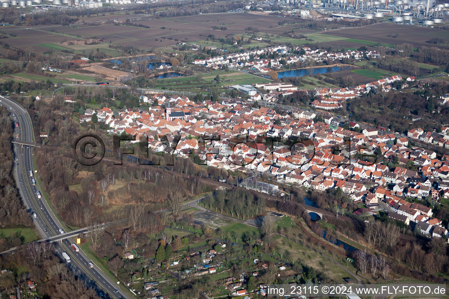 Bird's eye view of District Knielingen in Karlsruhe in the state Baden-Wuerttemberg, Germany