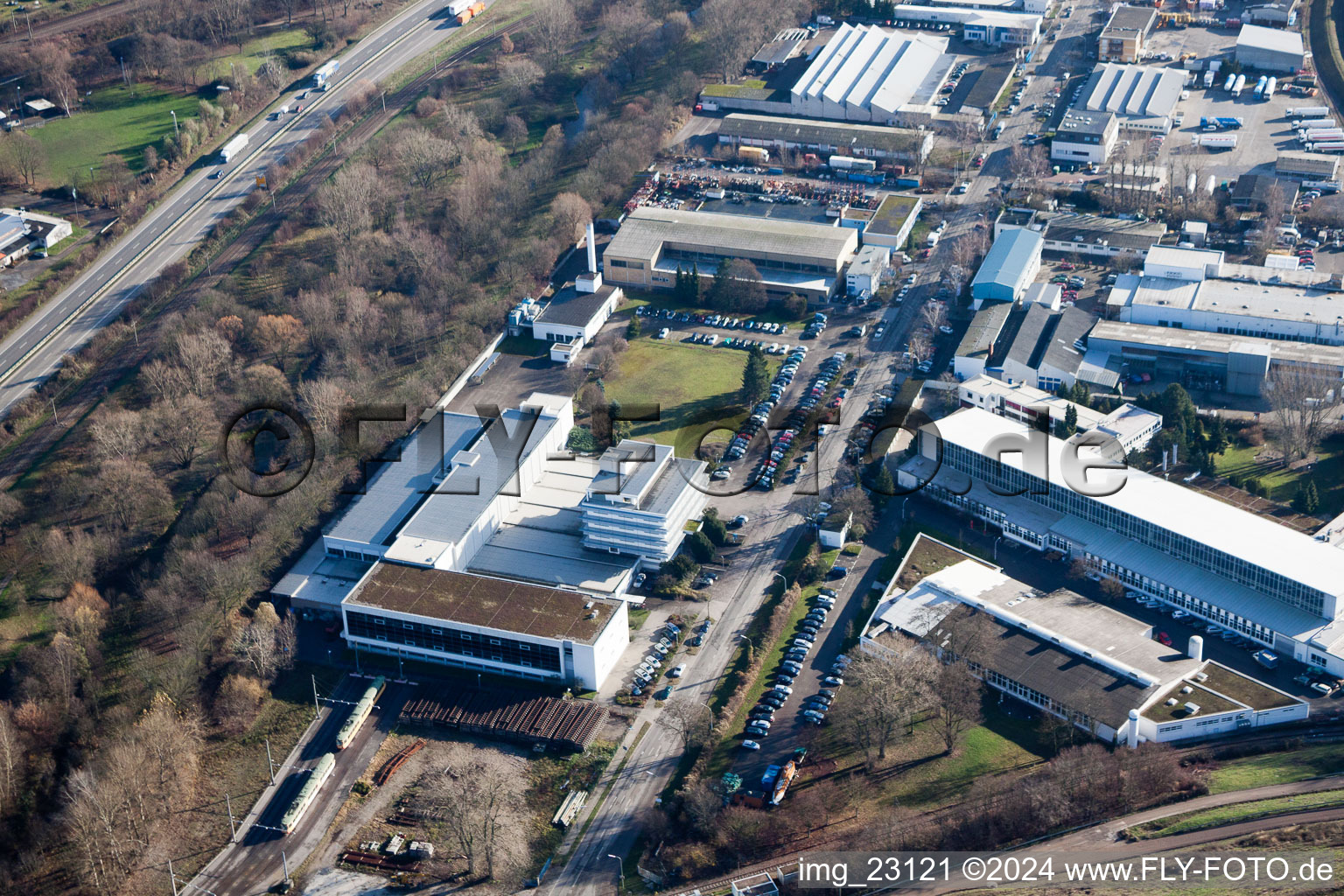 District Knielingen in Karlsruhe in the state Baden-Wuerttemberg, Germany viewn from the air