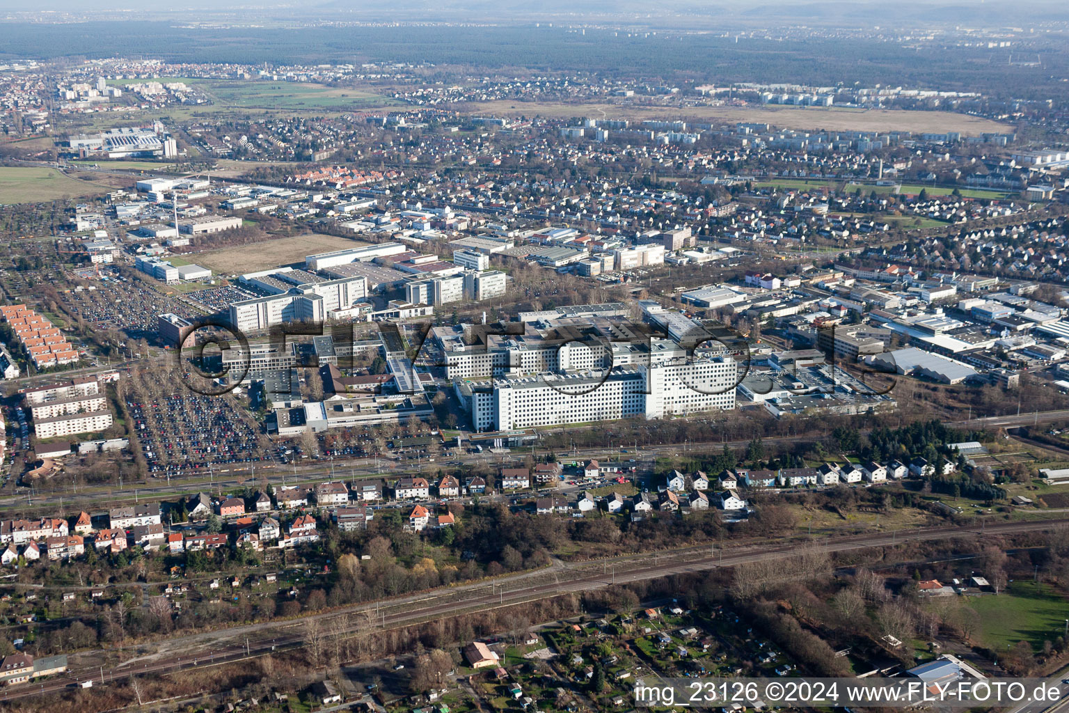 District Knielingen in Karlsruhe in the state Baden-Wuerttemberg, Germany from the drone perspective