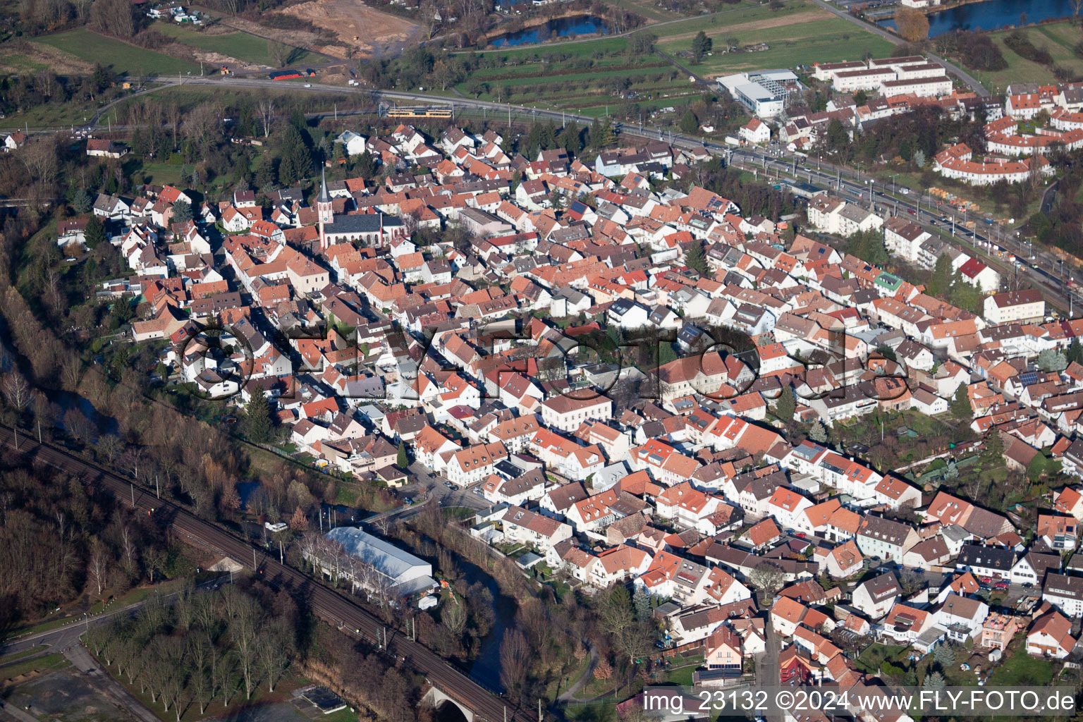 Aerial photograpy of District Knielingen in Karlsruhe in the state Baden-Wuerttemberg, Germany