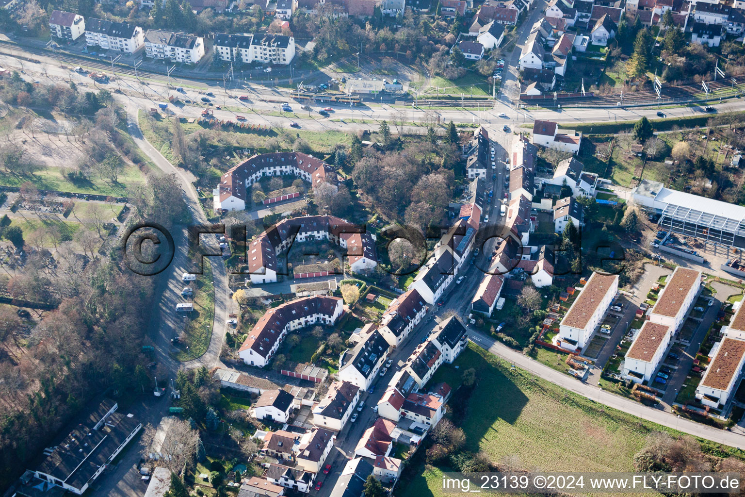 District Knielingen in Karlsruhe in the state Baden-Wuerttemberg, Germany from the plane