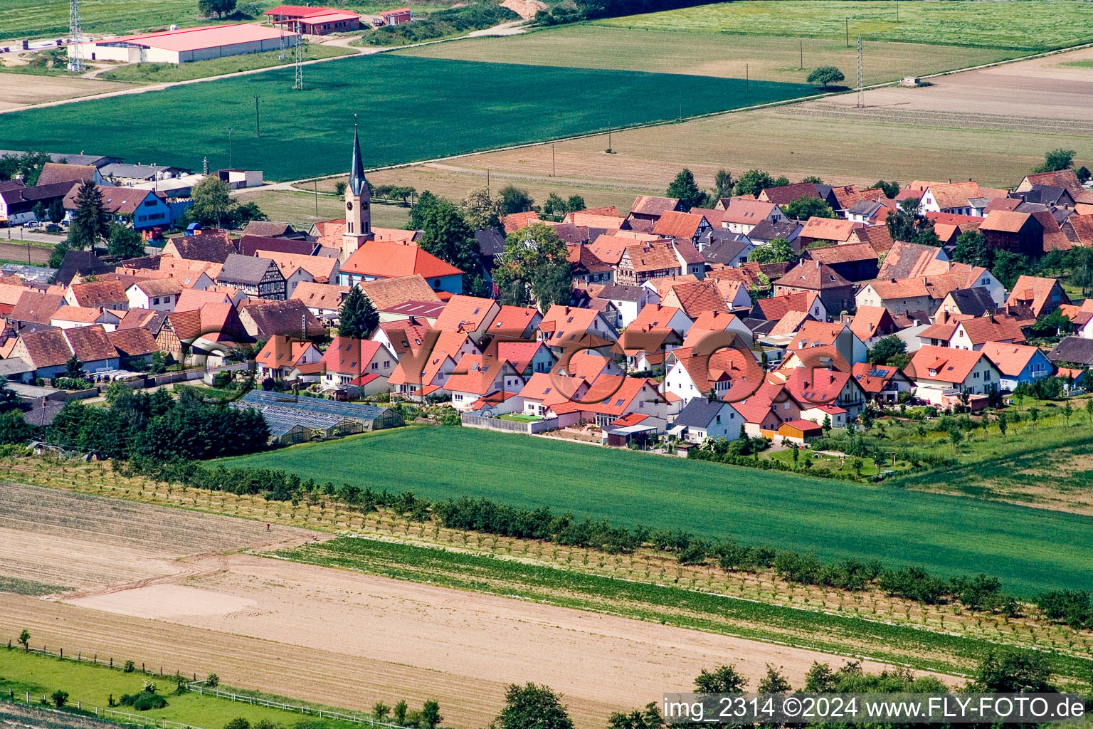 Village - view on the edge of agricultural fields and farmland in Erlenbach bei Kandel in the state Rhineland-Palatinate