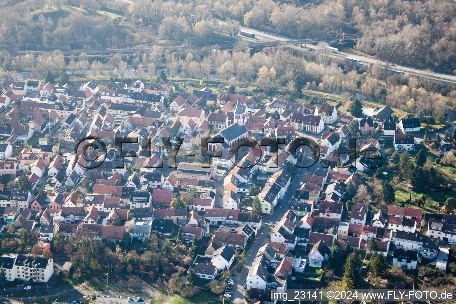 Bird's eye view of District Knielingen in Karlsruhe in the state Baden-Wuerttemberg, Germany