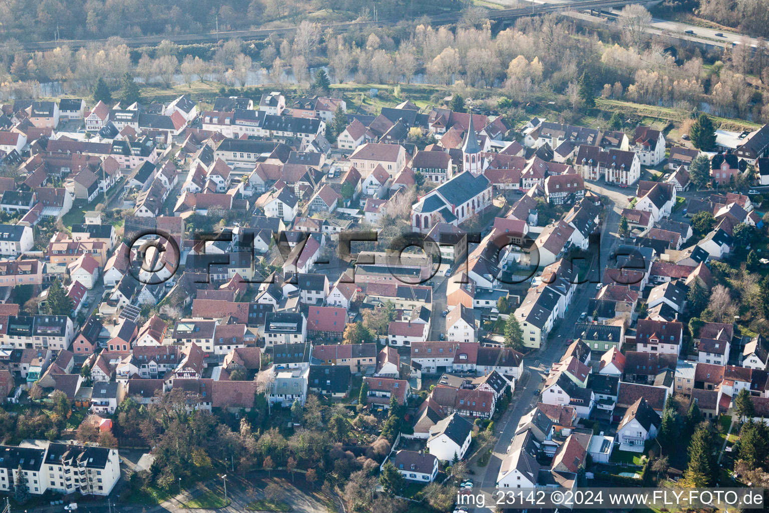 District Knielingen in Karlsruhe in the state Baden-Wuerttemberg, Germany viewn from the air