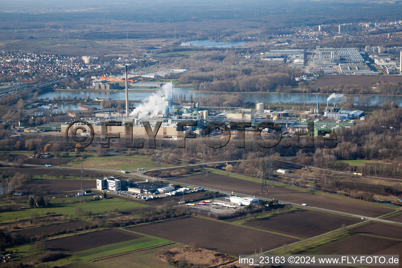 Aerial view of Maxau, Stora Enso from the east in the district Knielingen in Karlsruhe in the state Baden-Wuerttemberg, Germany