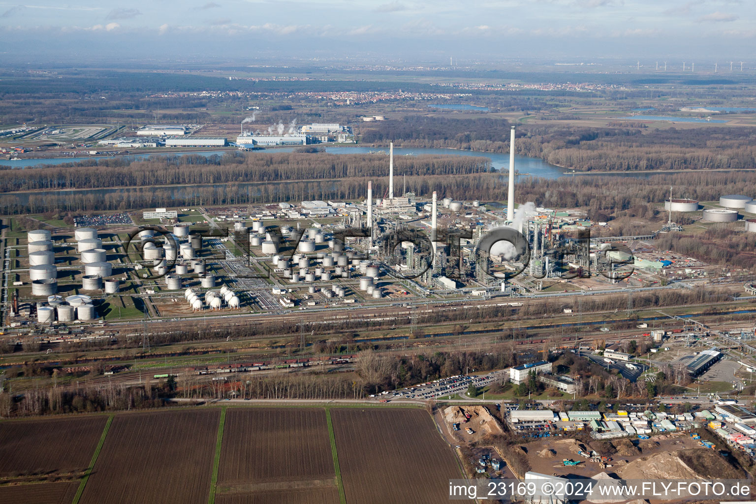 Aerial view of District Knielingen in Karlsruhe in the state Baden-Wuerttemberg, Germany