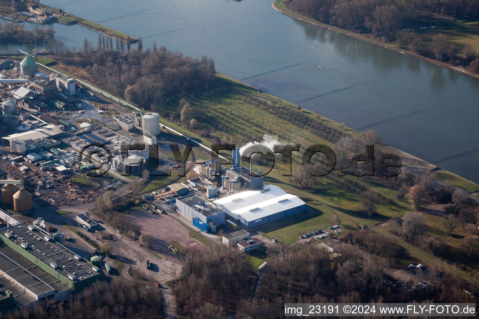 Oblique view of Maxau, Stora Enso in the district Knielingen in Karlsruhe in the state Baden-Wuerttemberg, Germany