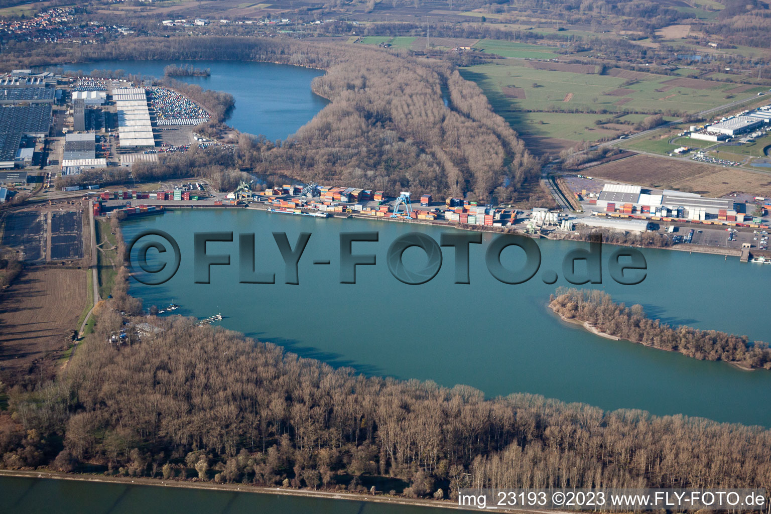 Aerial view of Rhine port in the district Maximiliansau in Wörth am Rhein in the state Rhineland-Palatinate, Germany