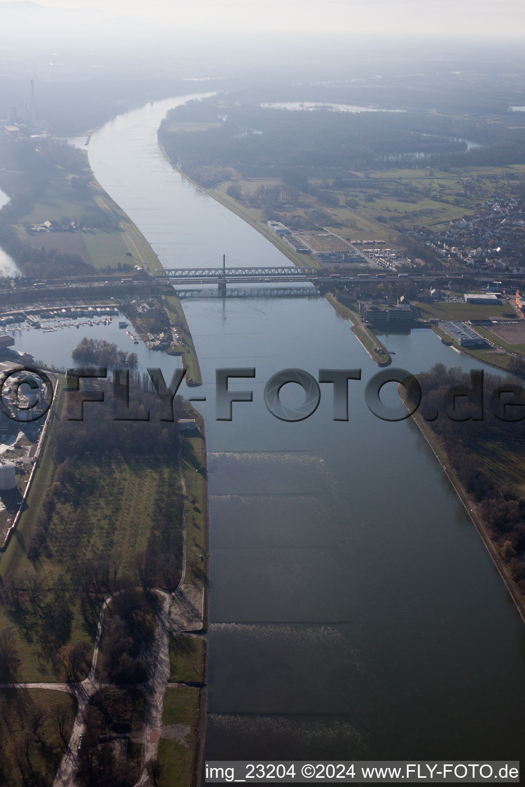 River - bridge construction over the river Rhine from Karlsruhe to Woerth am Rhein in the state Rhineland-Palatinate