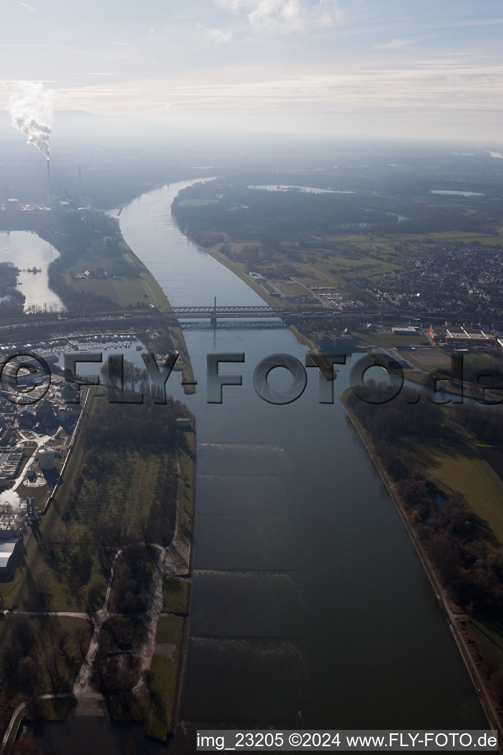 Aerial view of River - bridge construction over the river Rhine from Karlsruhe to Woerth am Rhein in the state Rhineland-Palatinate