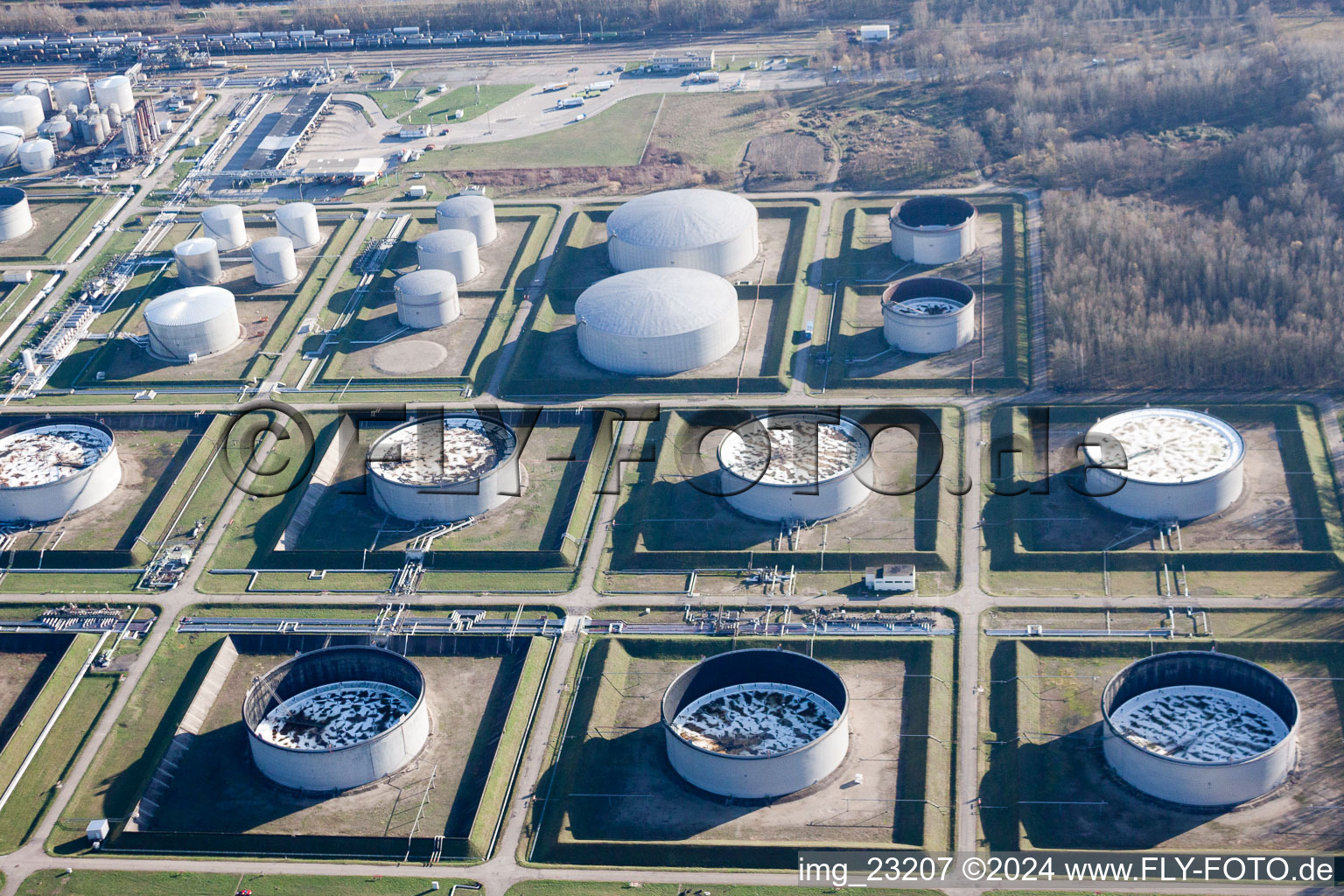 Aerial view of MIRO oil tanks in the district Knielingen in Karlsruhe in the state Baden-Wuerttemberg, Germany