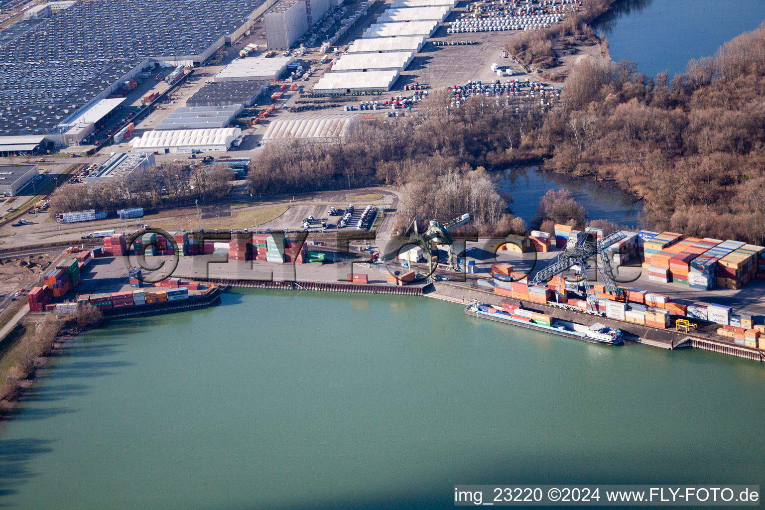 Aerial photograpy of Rhine port in the district Maximiliansau in Wörth am Rhein in the state Rhineland-Palatinate, Germany