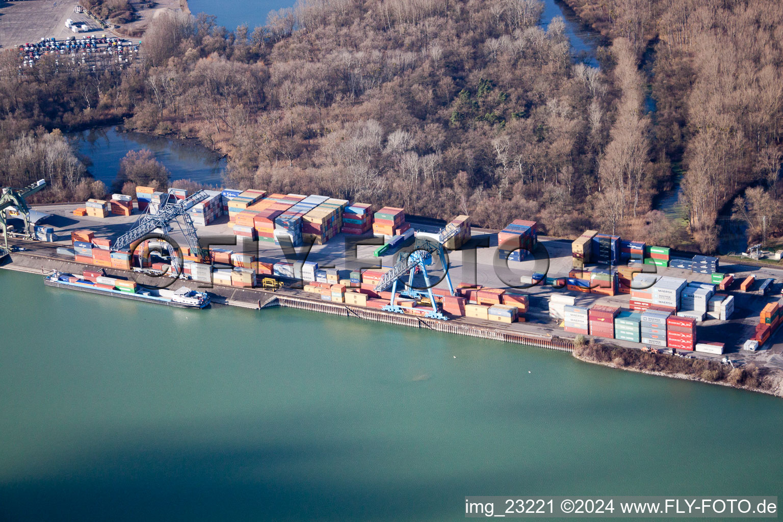 Oblique view of Rhine port in the district Maximiliansau in Wörth am Rhein in the state Rhineland-Palatinate, Germany