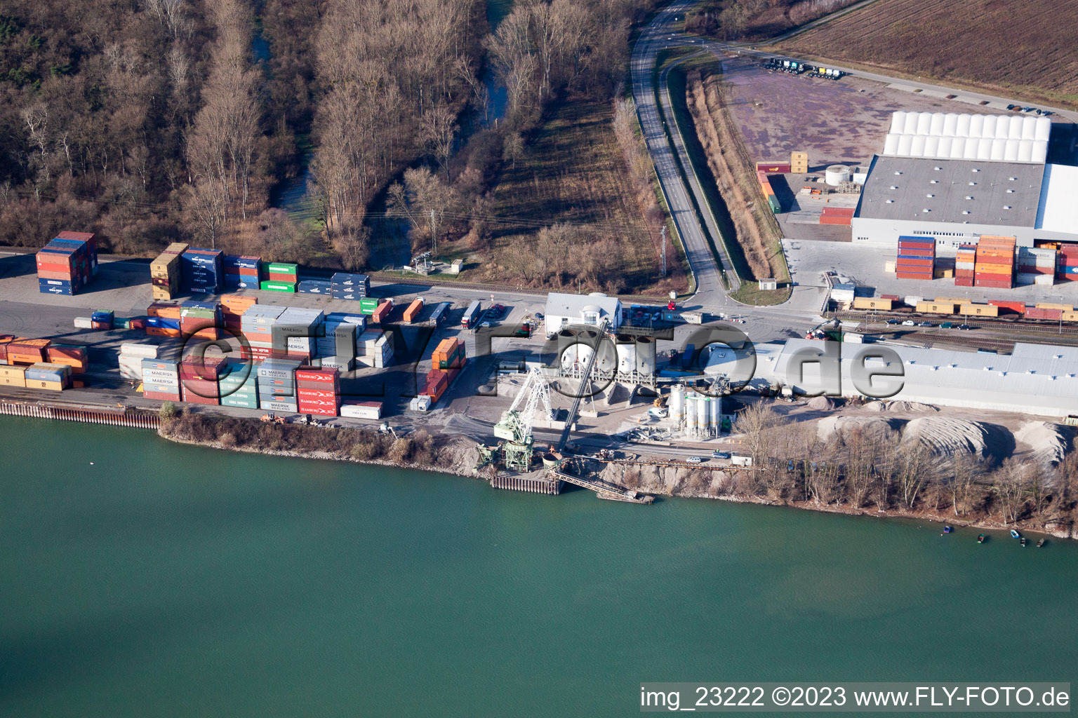 Rhine port in the district Maximiliansau in Wörth am Rhein in the state Rhineland-Palatinate, Germany from above