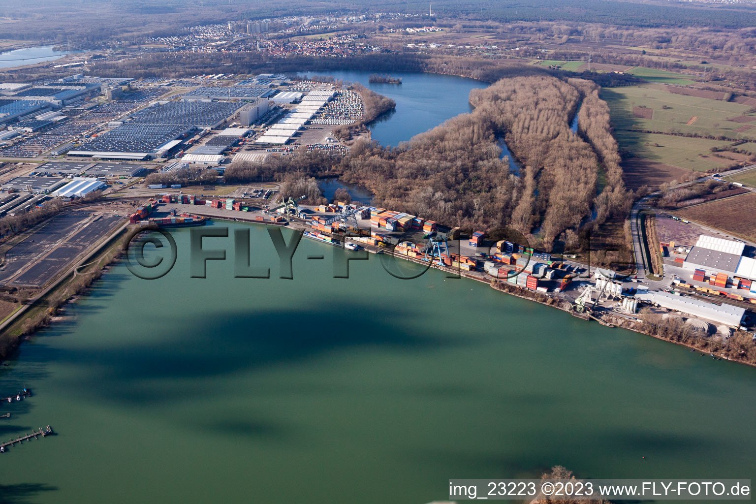 Rhine port in the district Maximiliansau in Wörth am Rhein in the state Rhineland-Palatinate, Germany out of the air