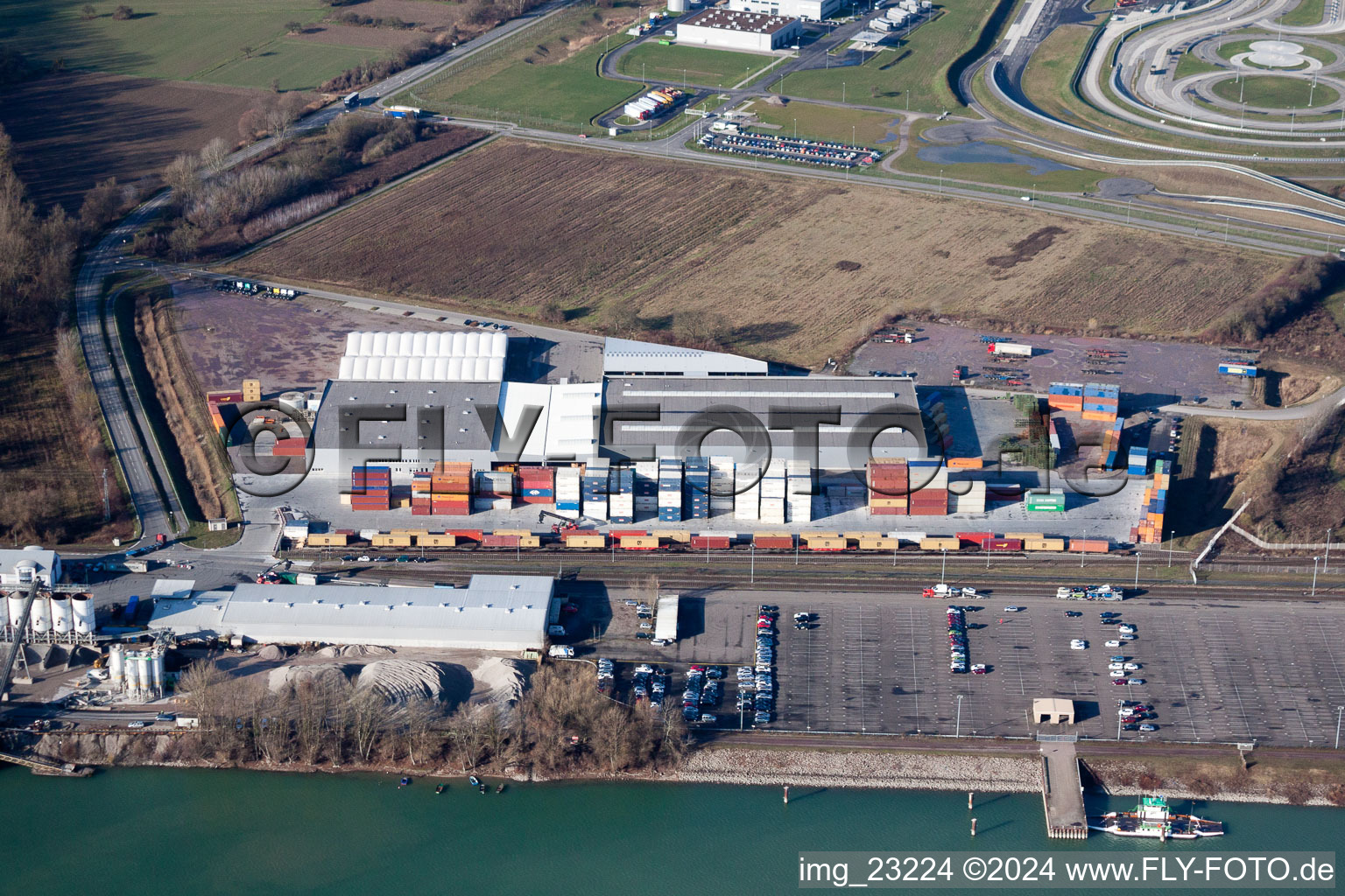 Rhine port in the district Maximiliansau in Wörth am Rhein in the state Rhineland-Palatinate, Germany seen from above