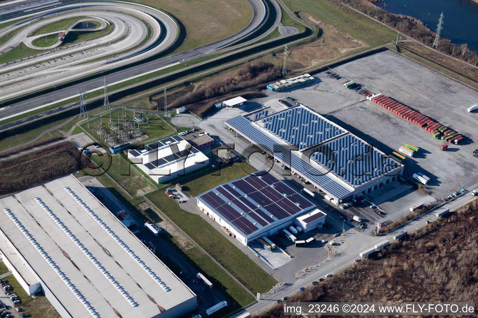 Aerial view of Building and production halls on the premises of Europack GmbH in the district Industriegebiet Woerth-Oberwald in Woerth am Rhein in the state Rhineland-Palatinate