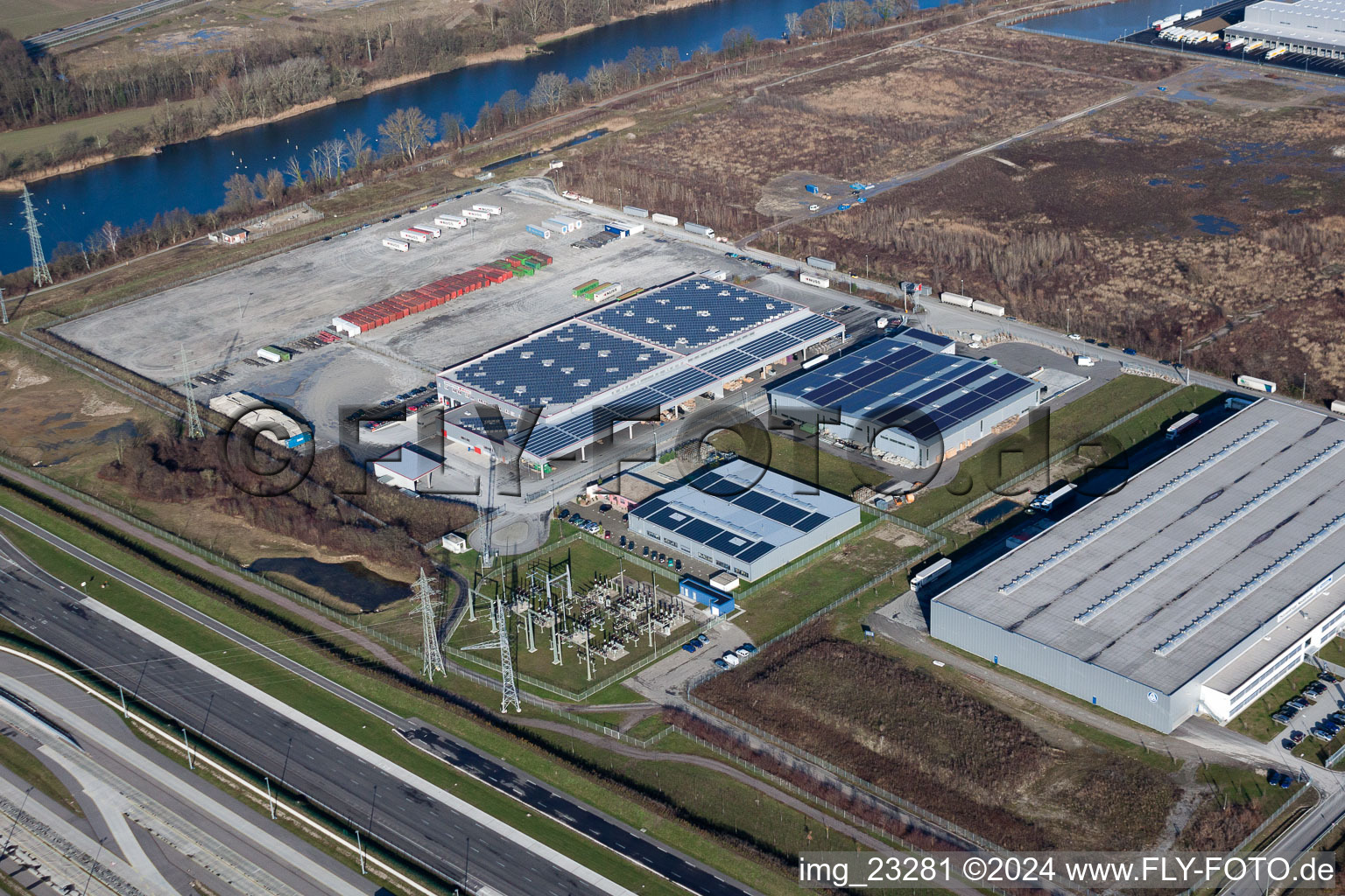 Aerial view of Nuss forwarding company in the Oberwald industrial area in Wörth am Rhein in the state Rhineland-Palatinate, Germany