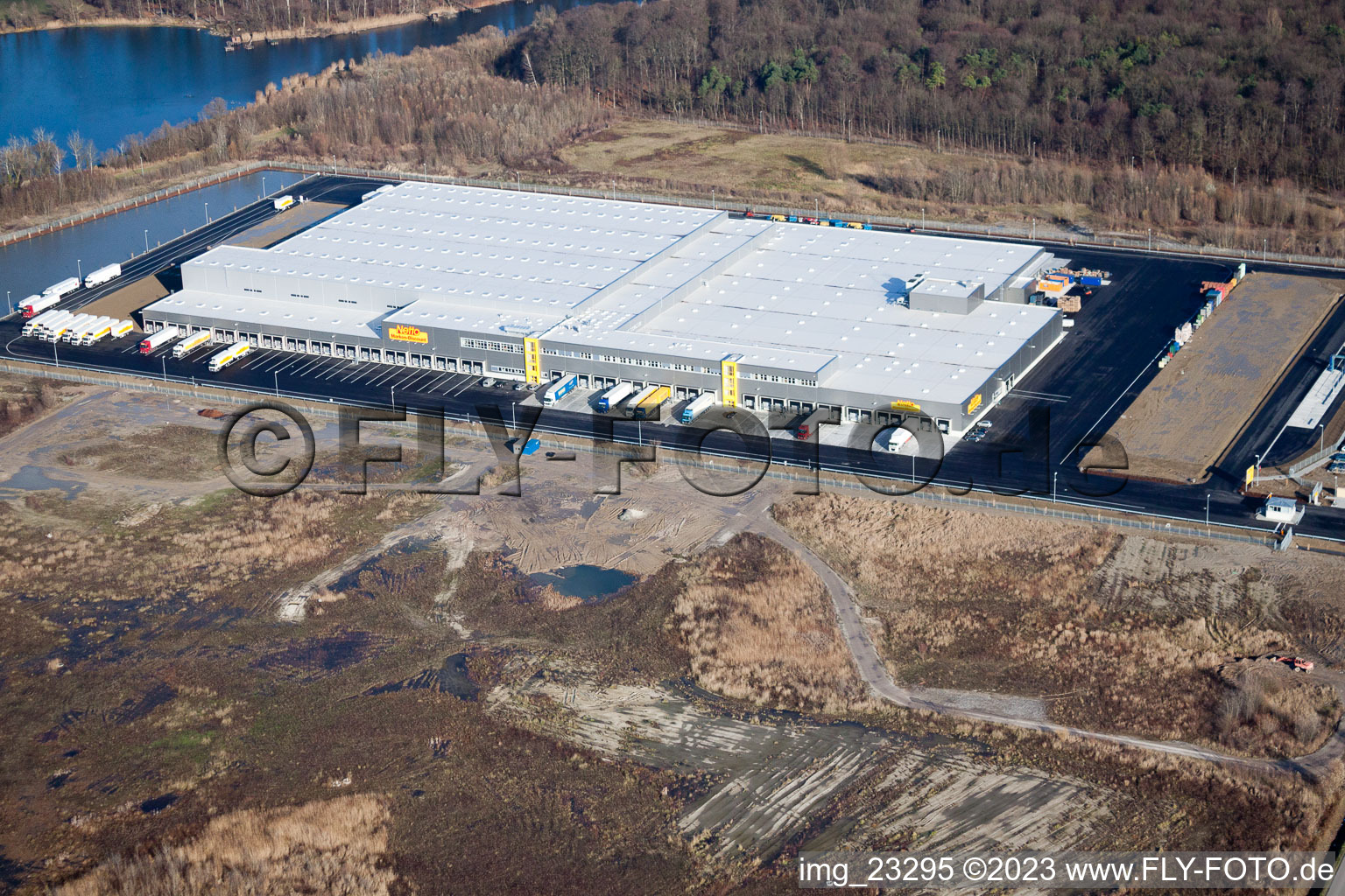 Aerial photograpy of New Netto logistics center in the Oberwald industrial area in Wörth am Rhein in the state Rhineland-Palatinate, Germany