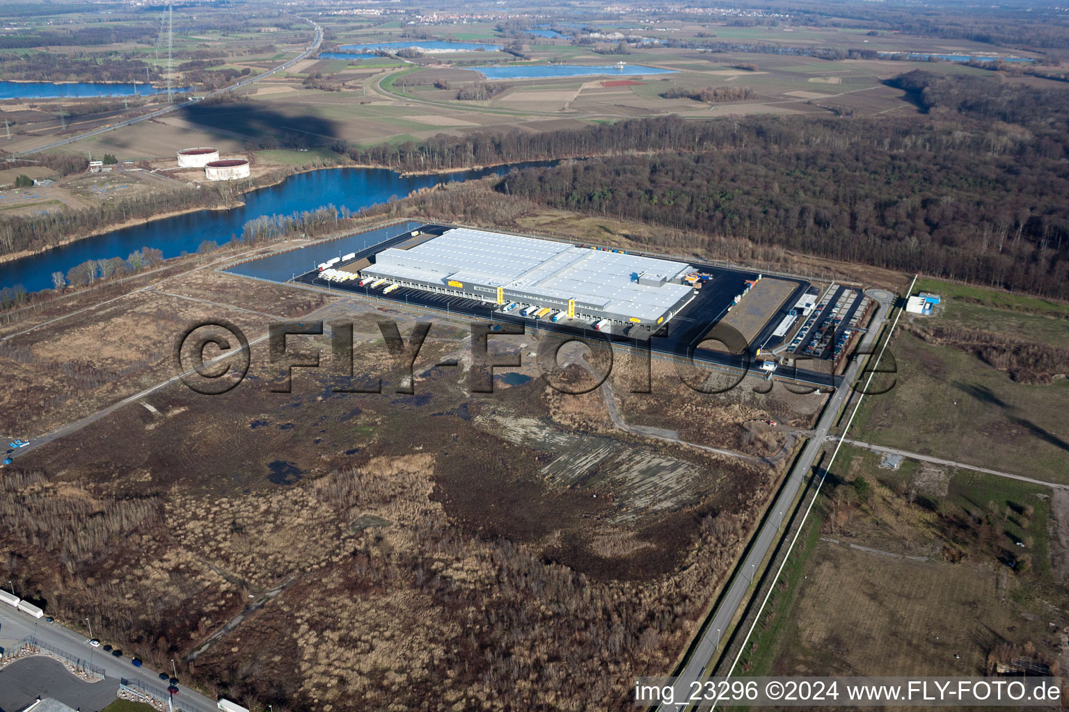 Oblique view of New Netto logistics center in the Oberwald industrial area in Wörth am Rhein in the state Rhineland-Palatinate, Germany