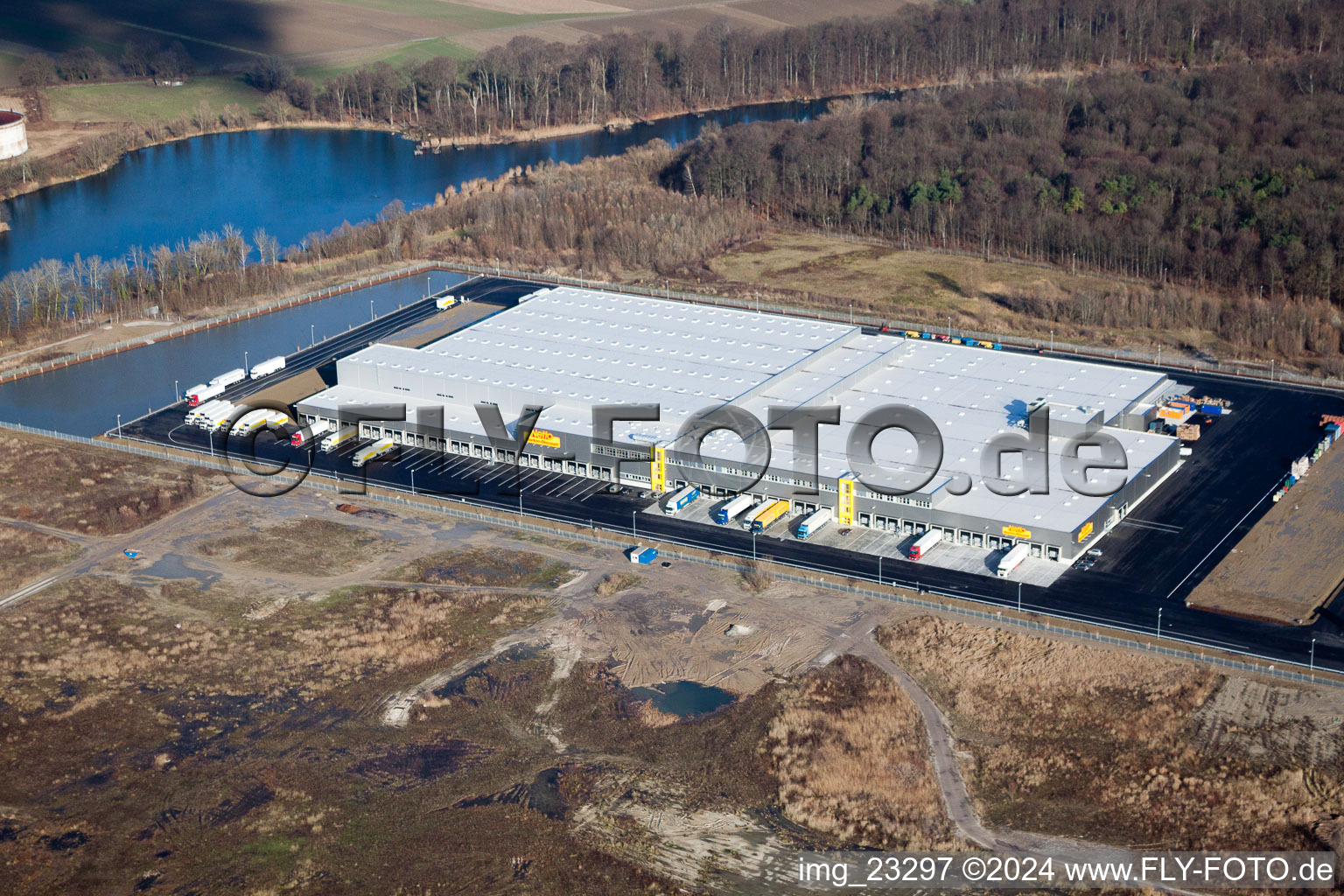 New Netto logistics center in the Oberwald industrial area in Wörth am Rhein in the state Rhineland-Palatinate, Germany from above