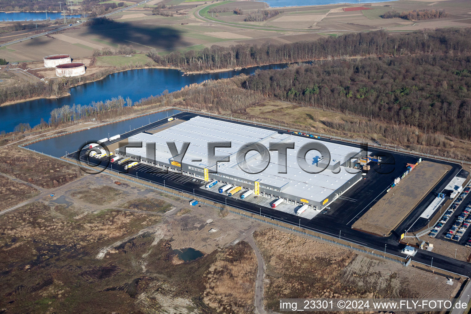 New Netto logistics center in the Oberwald industrial area in Wörth am Rhein in the state Rhineland-Palatinate, Germany out of the air