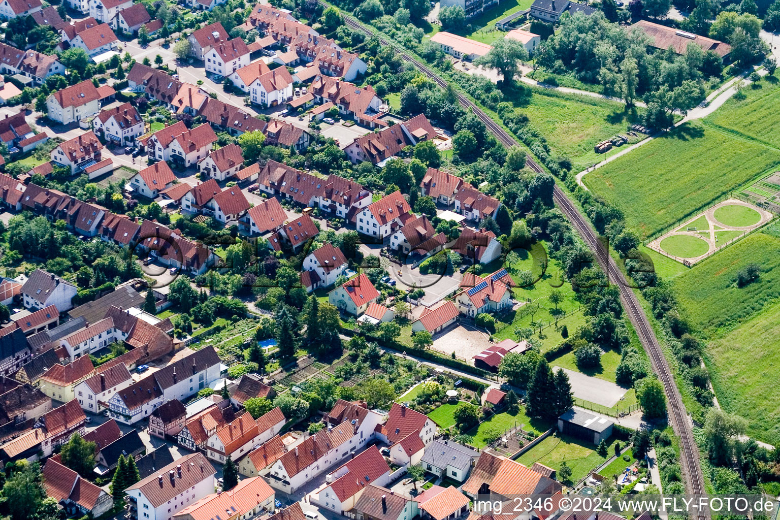 Aerial view of Residential area of detached housing estate Kandel Im Kirschgarten in Kandel in the state Rhineland-Palatinate