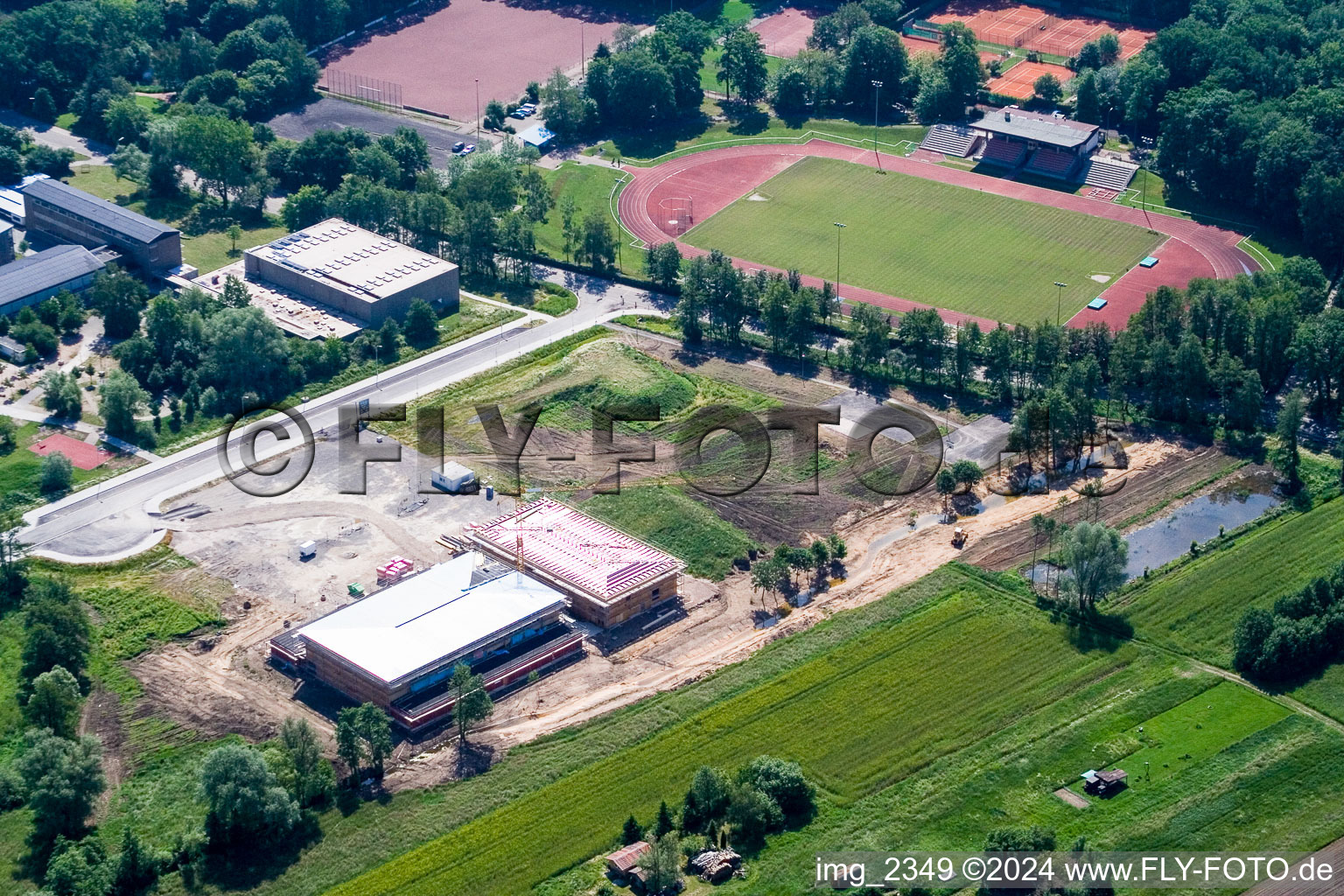 Construction site multi-purpose hall in Kandel in the state Rhineland-Palatinate, Germany from above