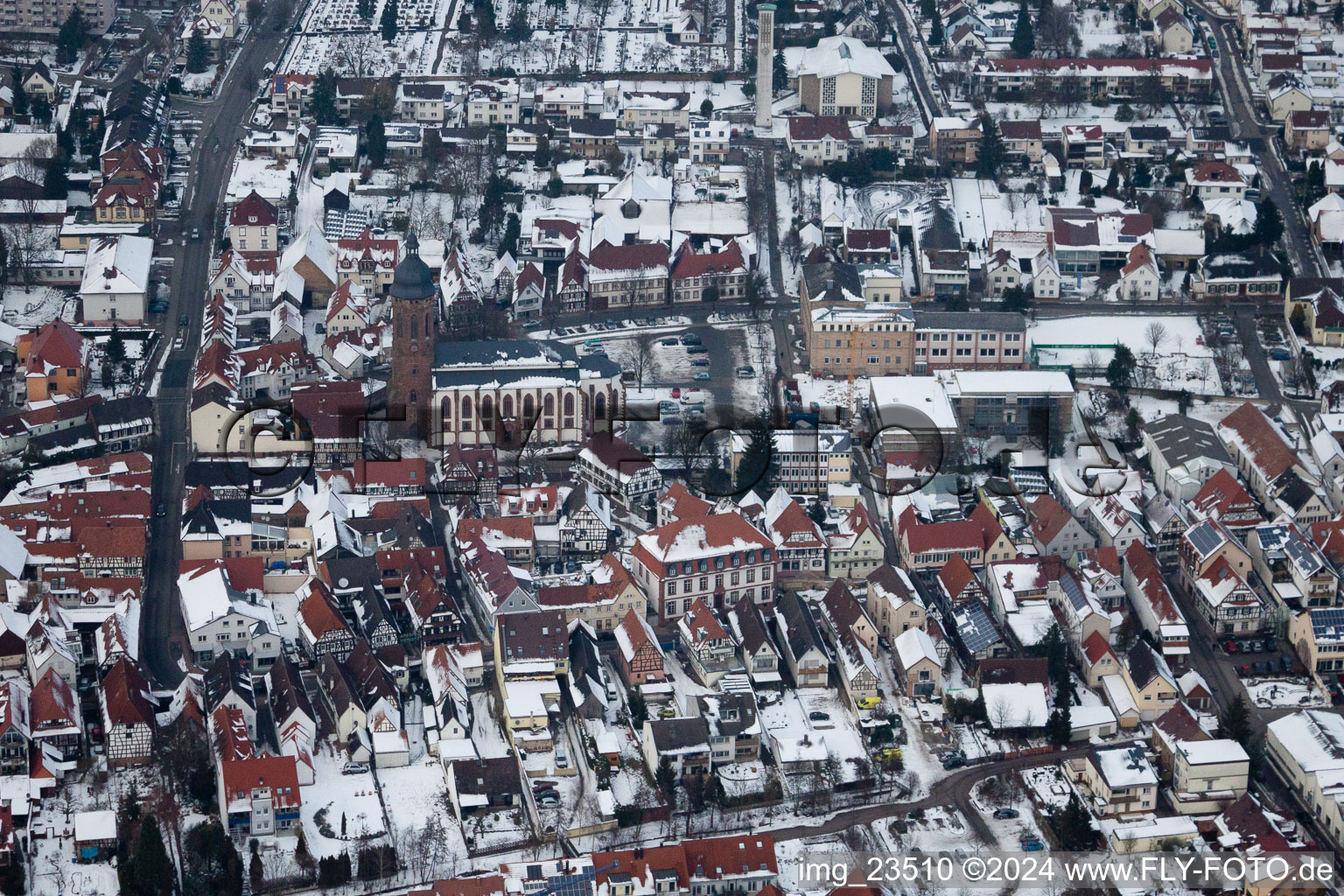 Aerial view of Main Street in Kandel in the state Rhineland-Palatinate, Germany