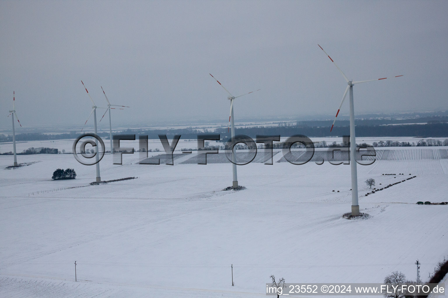 Bird's eye view of Wind turbines in Minfeld in the state Rhineland-Palatinate, Germany