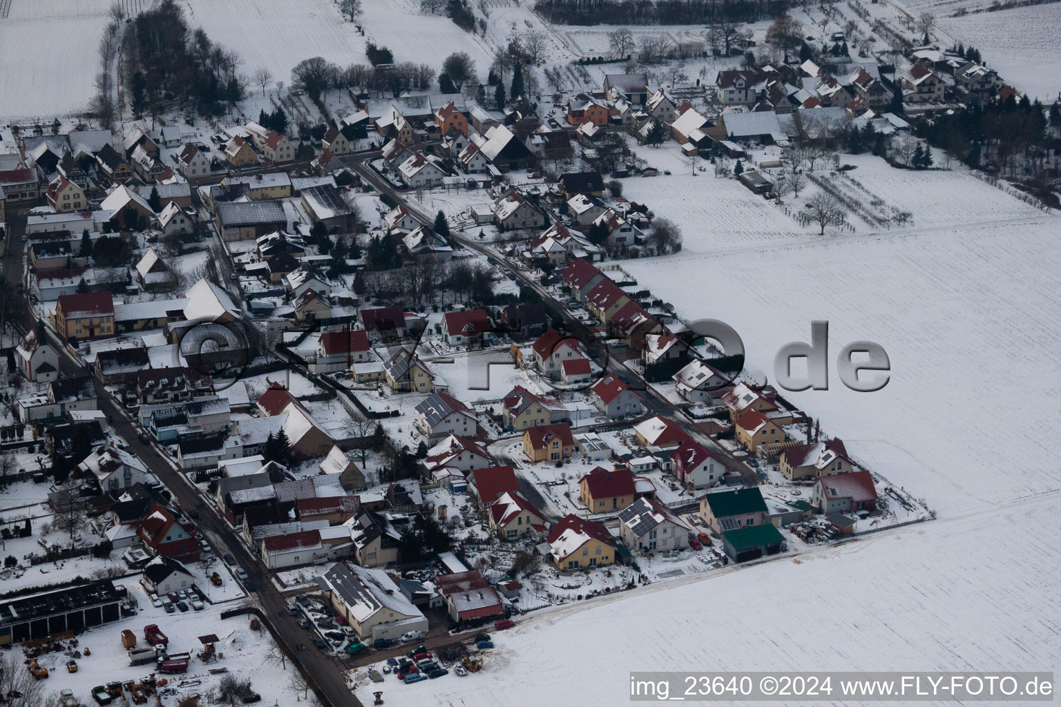 In winter in the snow in the district Kleinsteinfeld in Niederotterbach in the state Rhineland-Palatinate, Germany