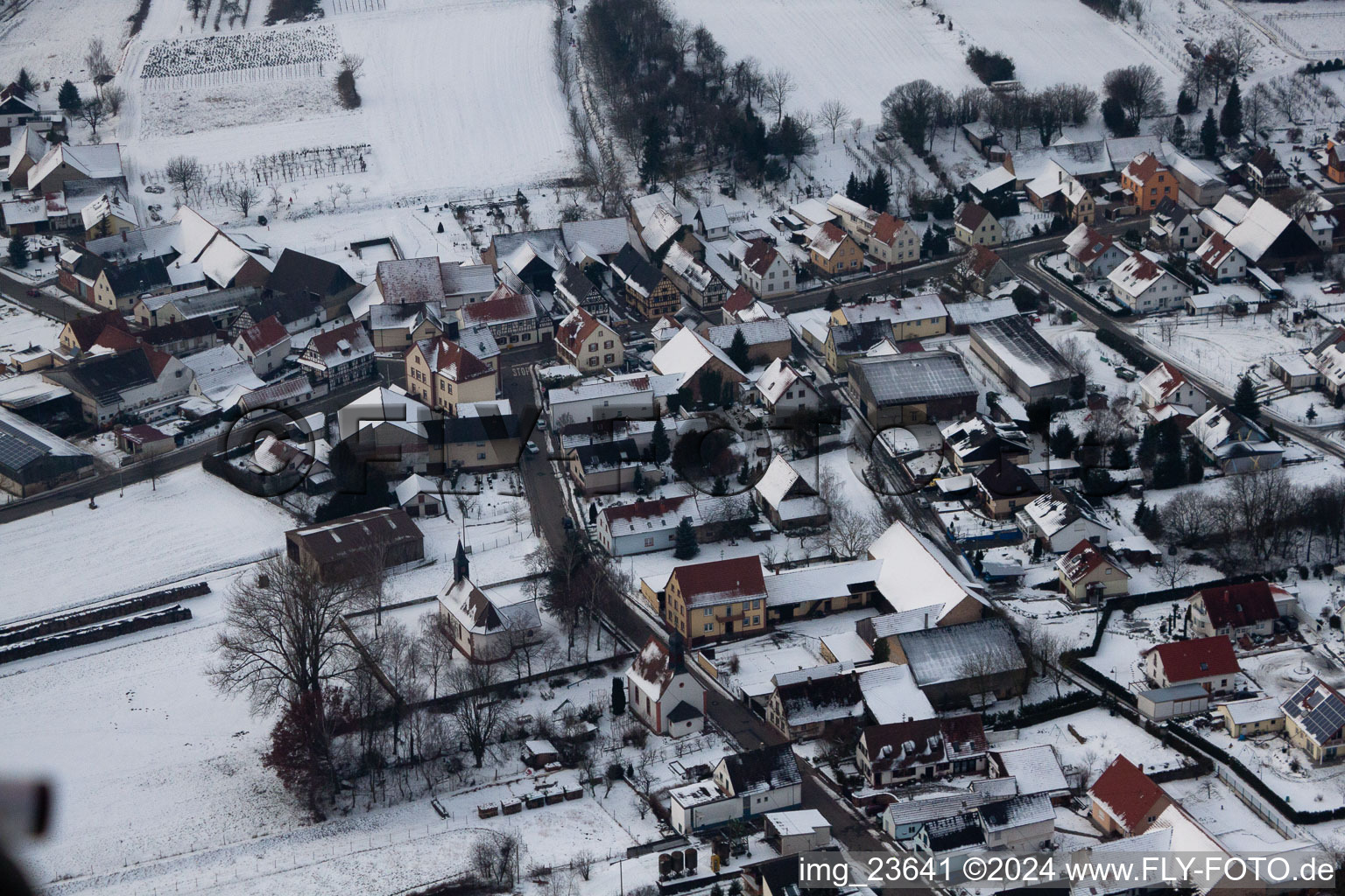 Aerial view of In winter in the snow in the district Kleinsteinfeld in Niederotterbach in the state Rhineland-Palatinate, Germany