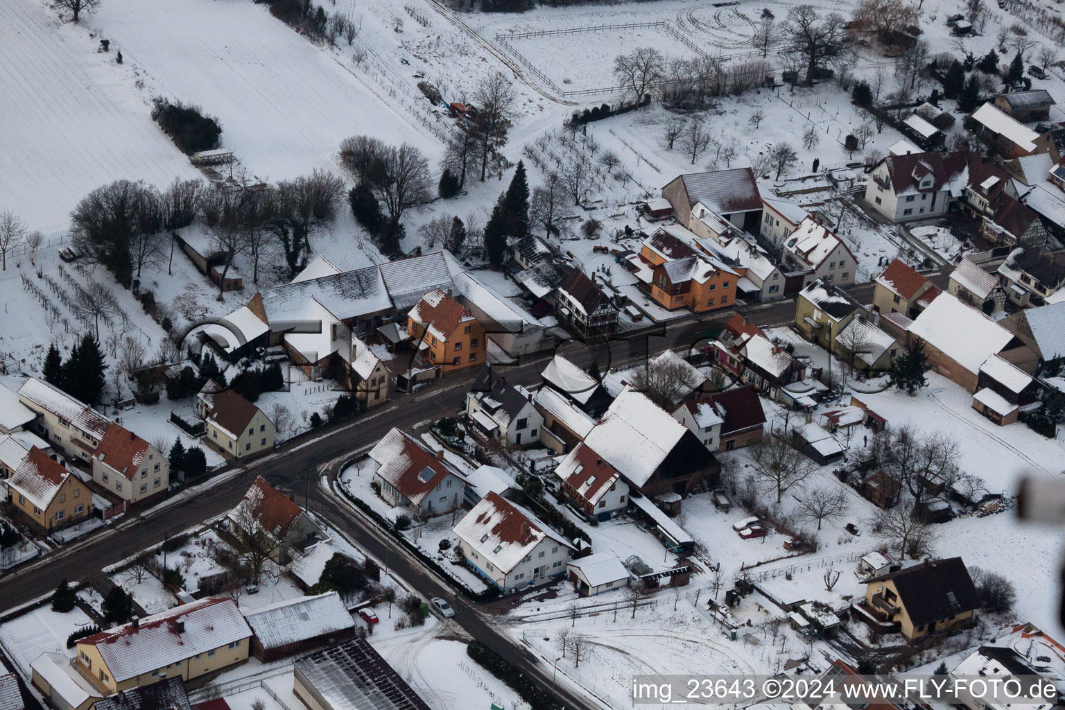 Aerial photograpy of In the snow in winter in the district Kleinsteinfeld in Niederotterbach in the state Rhineland-Palatinate, Germany