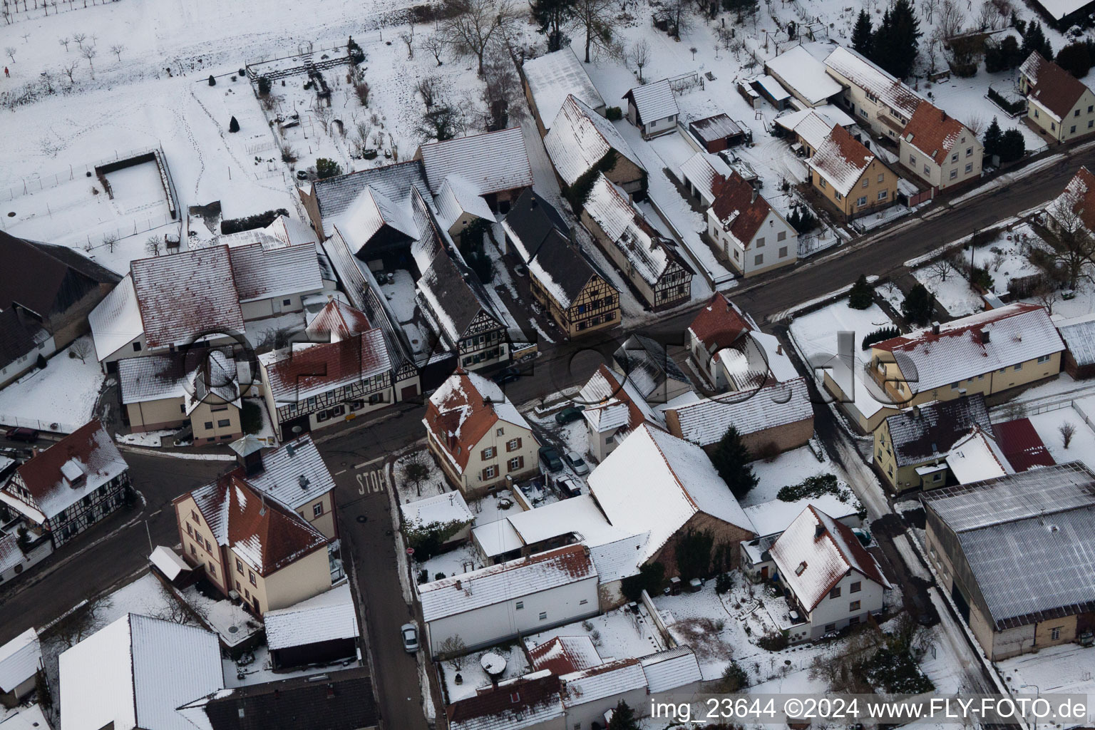 Oblique view of In the snow in winter in the district Kleinsteinfeld in Niederotterbach in the state Rhineland-Palatinate, Germany