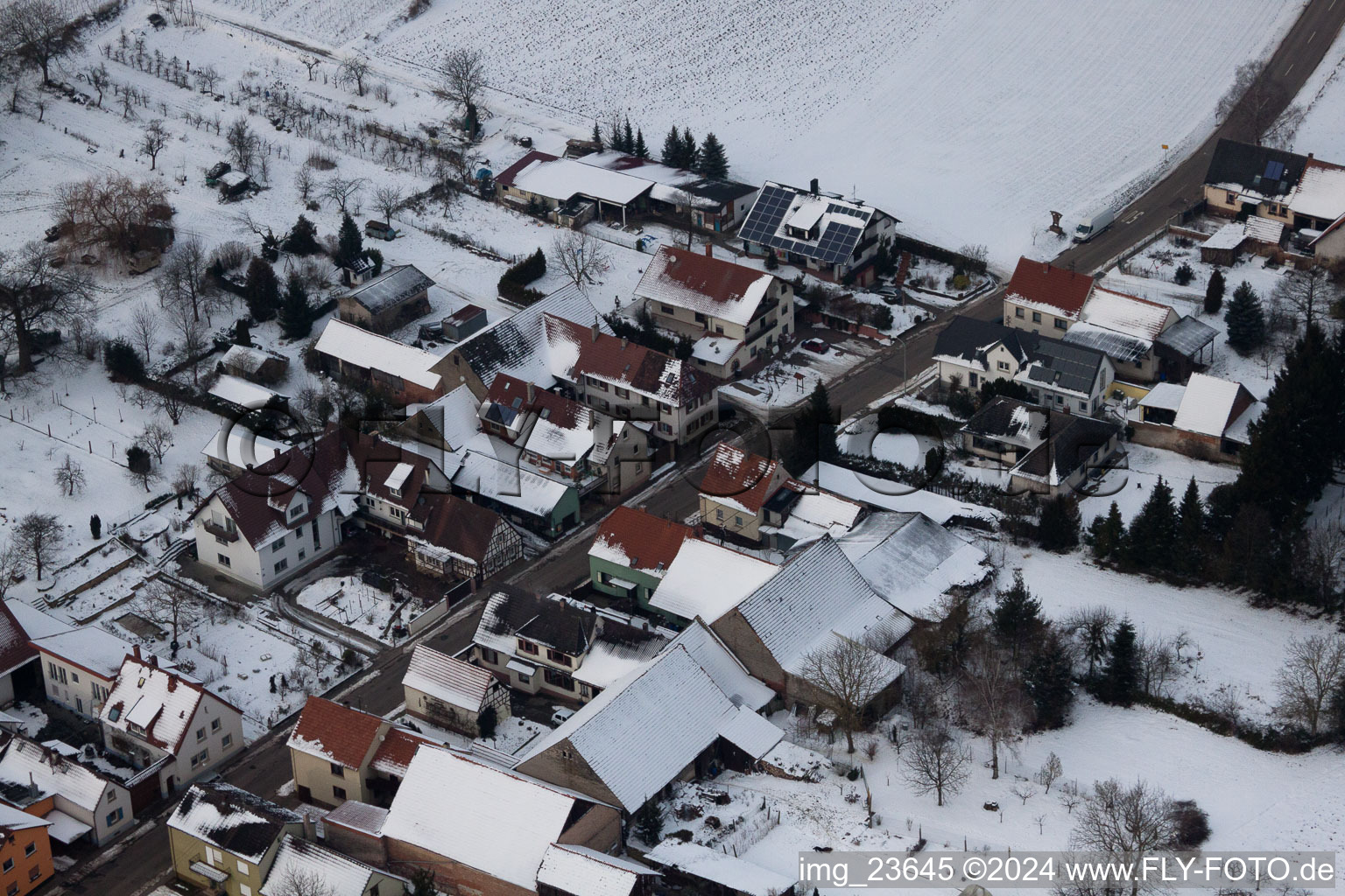 In winter in the snow in the district Kleinsteinfeld in Niederotterbach in the state Rhineland-Palatinate, Germany from above