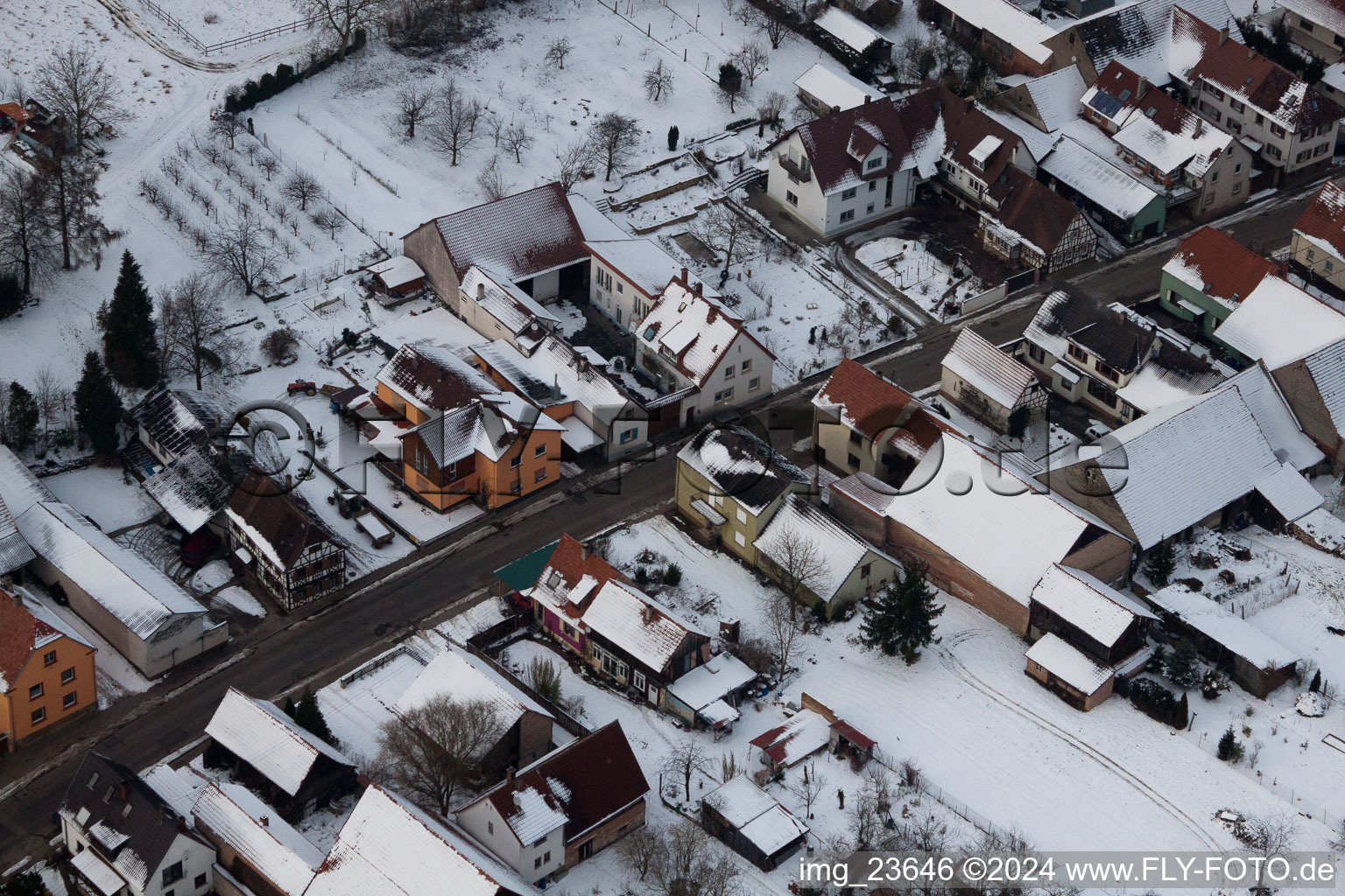 In winter in the snow in the district Kleinsteinfeld in Niederotterbach in the state Rhineland-Palatinate, Germany out of the air