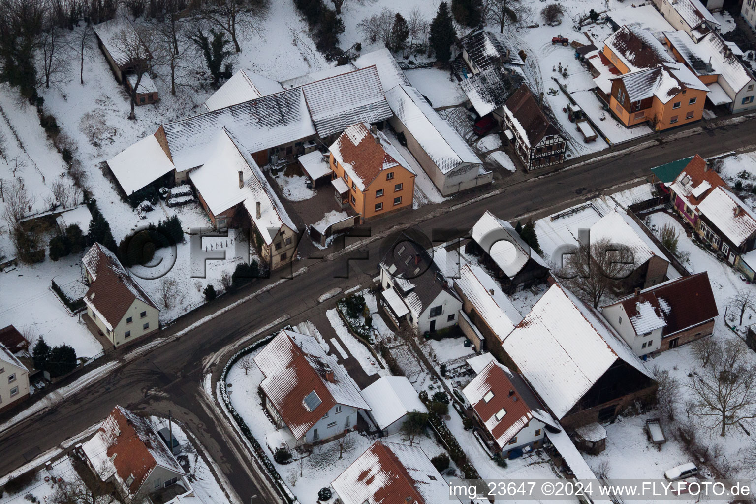 In winter in the snow in the district Kleinsteinfeld in Niederotterbach in the state Rhineland-Palatinate, Germany seen from above