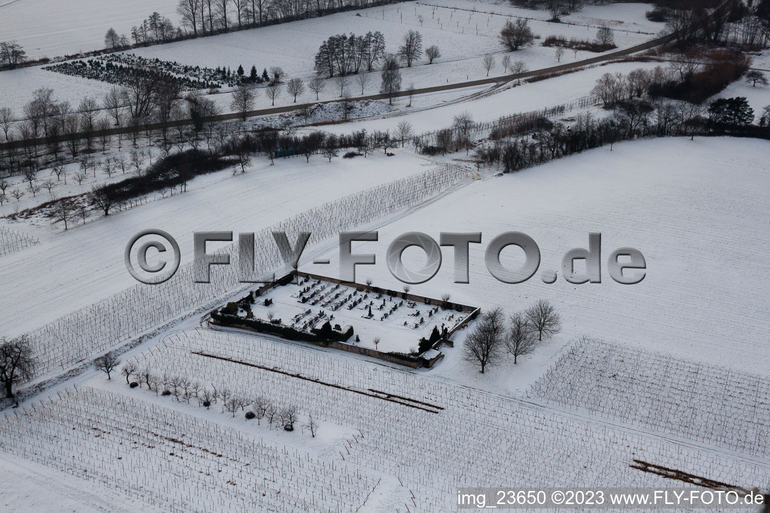 Aerial view of Cemetery in the snow in the district Kleinsteinfeld in Niederotterbach in the state Rhineland-Palatinate, Germany